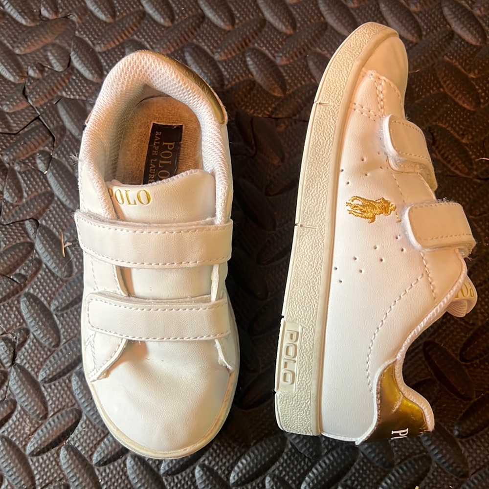 White and gold Pollo boys sneakers. Size us10